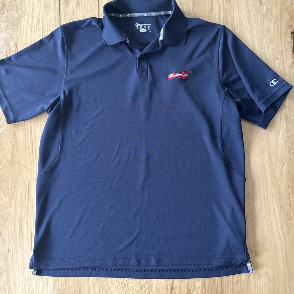 Budweiser Champion Polo Shirt Size Large Navy Embroidered Polyester